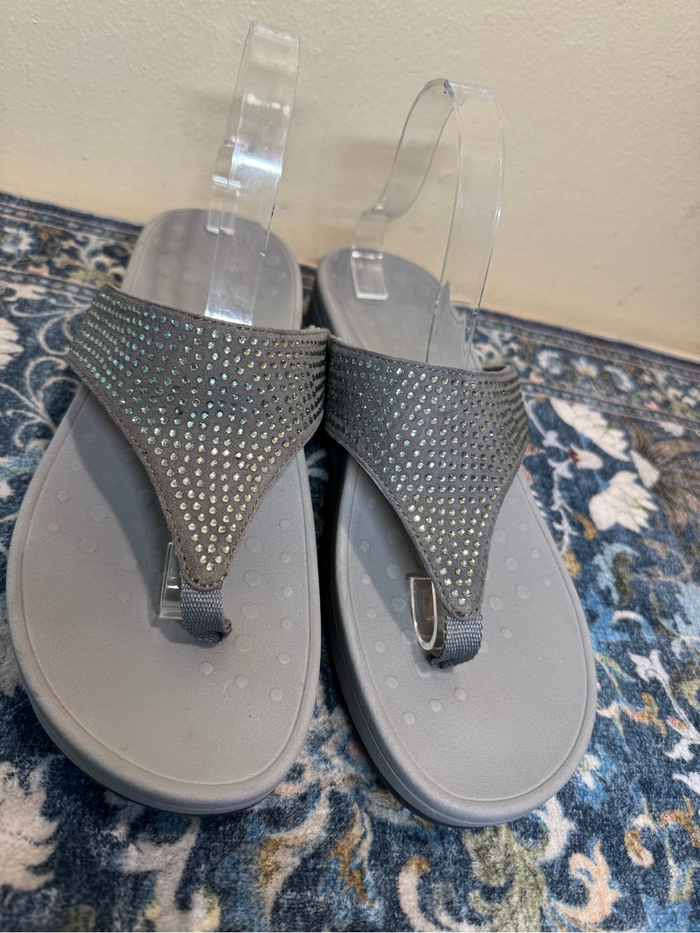 Vionic Gray Rhinestone Thong Sandals